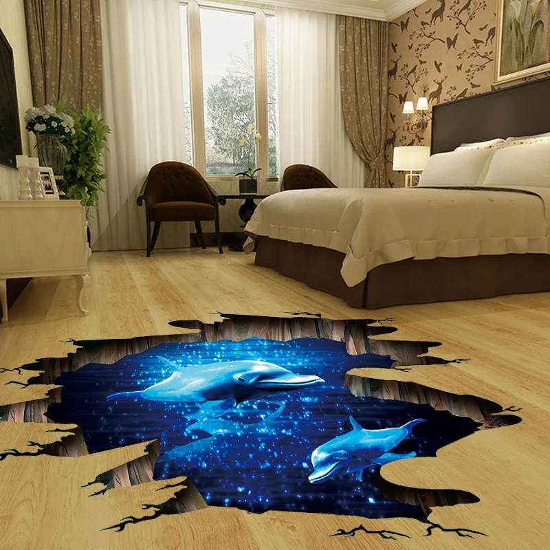 

New 3D cartoon wall sticker Dark blue Mirage Dolphin PVC removable floor waterproof stickers Decorative paintings wallpaper