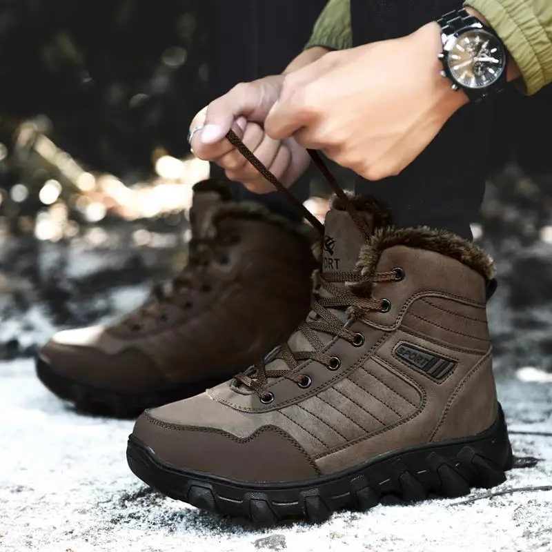 Fotwear, мужские зимние ботинки мужские уличные противоскользящие ботинки теплая плюшевая хлопковая обувь кожаная обувь на шнуровке - Цвет: Brown
