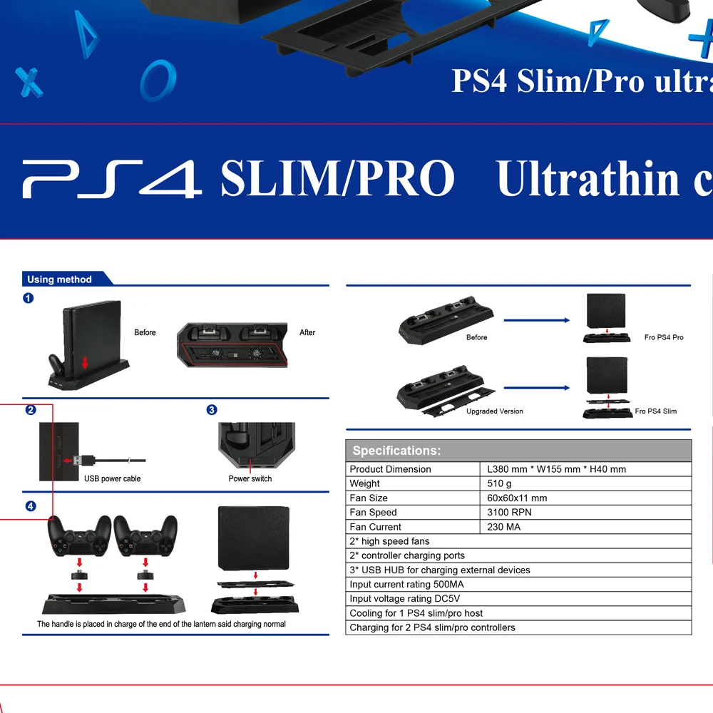 Вертикальная подставка 2 в 1 для PS4 Slim/PRO с двойной зарядной станцией Joypad и 3 портами