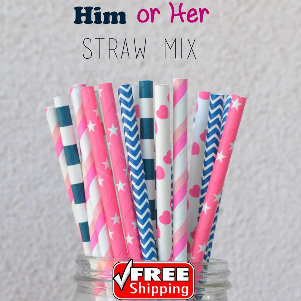 

250pcs Mix 5 Designs Him or Her Themed Paper Straws-Navy,Pink-Stripe,Chevron,Star,Heart-Gender Reveal Party Birthday Retro Cheap