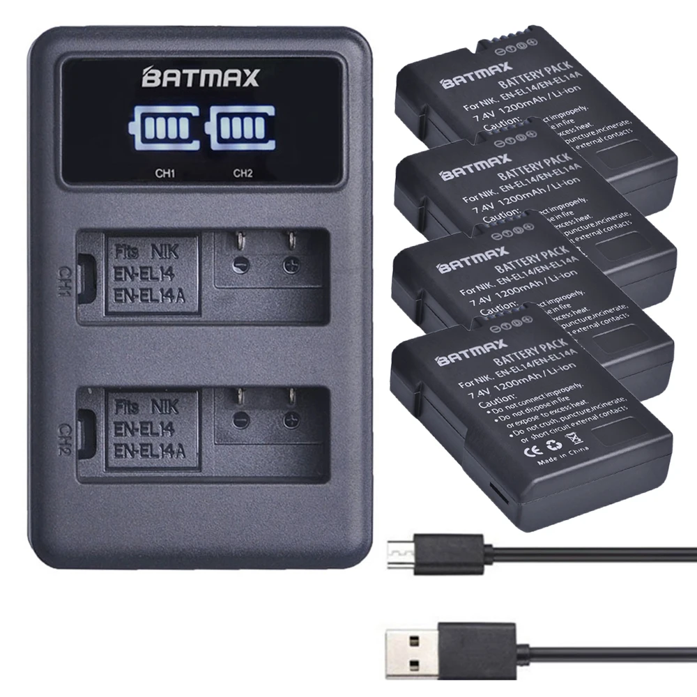 Batmax 4pcs 1200mAh EN-EL14 EN EL14a EL14 Battery+LED Dual USB Charger for Nikon P7800 P7000 D5500 D5300 D5200 D3300 D5600 D3400
Batmax 4pcs 1200mAh EN-EL14 EN EL14a EL14 Battery+LED Dual USB Charger for Nikon P7800 P7000 D5500 D5300 D5200 D3300 D5600 D3400