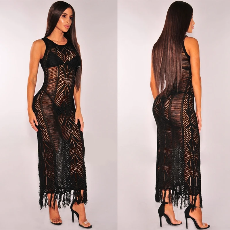 Женское трикотажное бикини Пляжное платье без рукавов прозрачное с кисточками