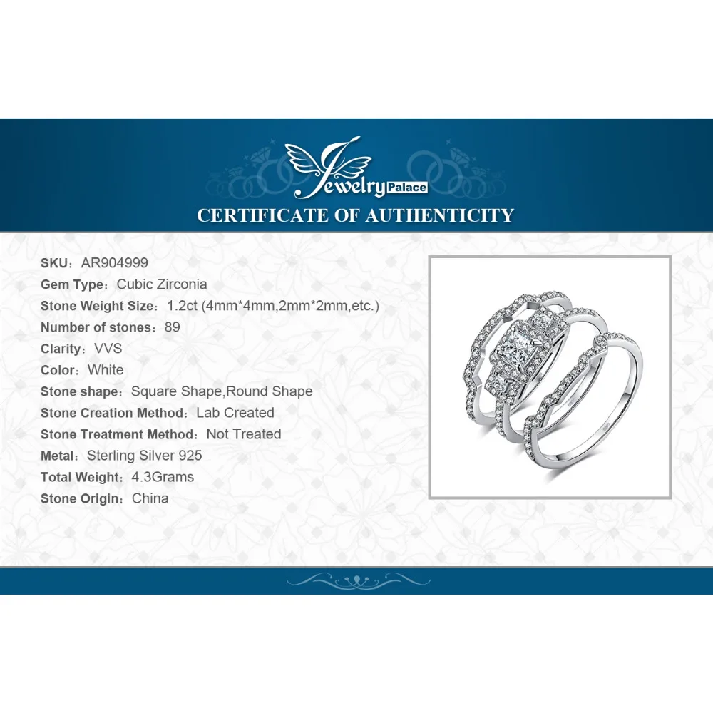 JewelryPalace 3 камня Принцесса Cut CZ Юбилей Promise обручальное Обручение кольцо свадебный 925 пробы серебро