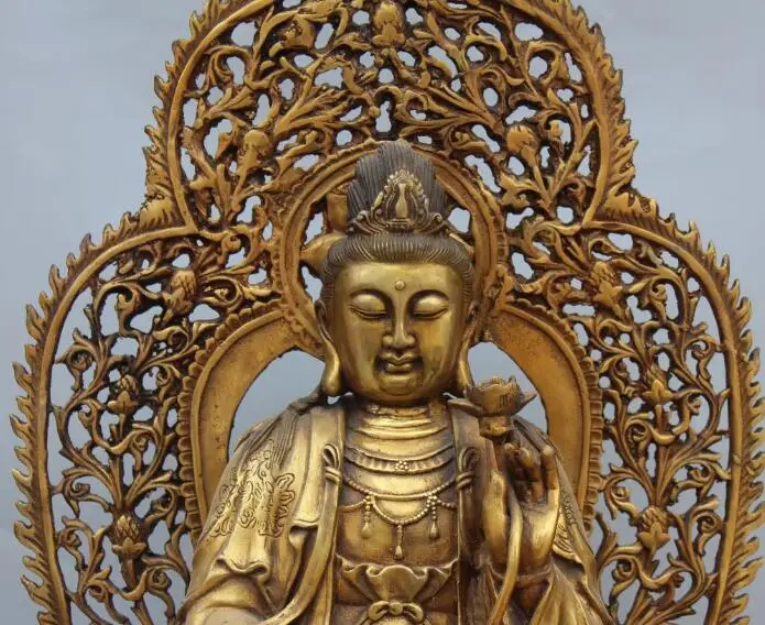 S5357 23&quot Marked Chinese Bronze Gilt Seat Lotus Kwan-yin Bodhisattva Goddess Statue |