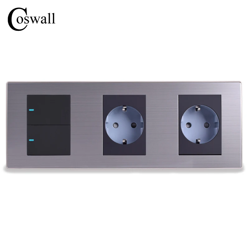 Coswall 16А стандарт ЕС настенная двойная розетка+ 2 комплекта 1 позиционный светильник с Светодиодный индикатор панель из нержавеющей стали 236*86 мм