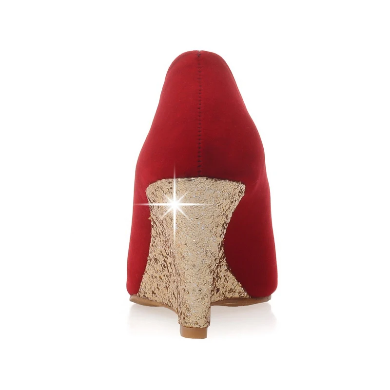 Female Flock Fashion Sequined Wedges Pumps Slip On High Heels Spring Autumn Pointed Toe Party Wedding Shpes Women 2019 Red Black | Обувь