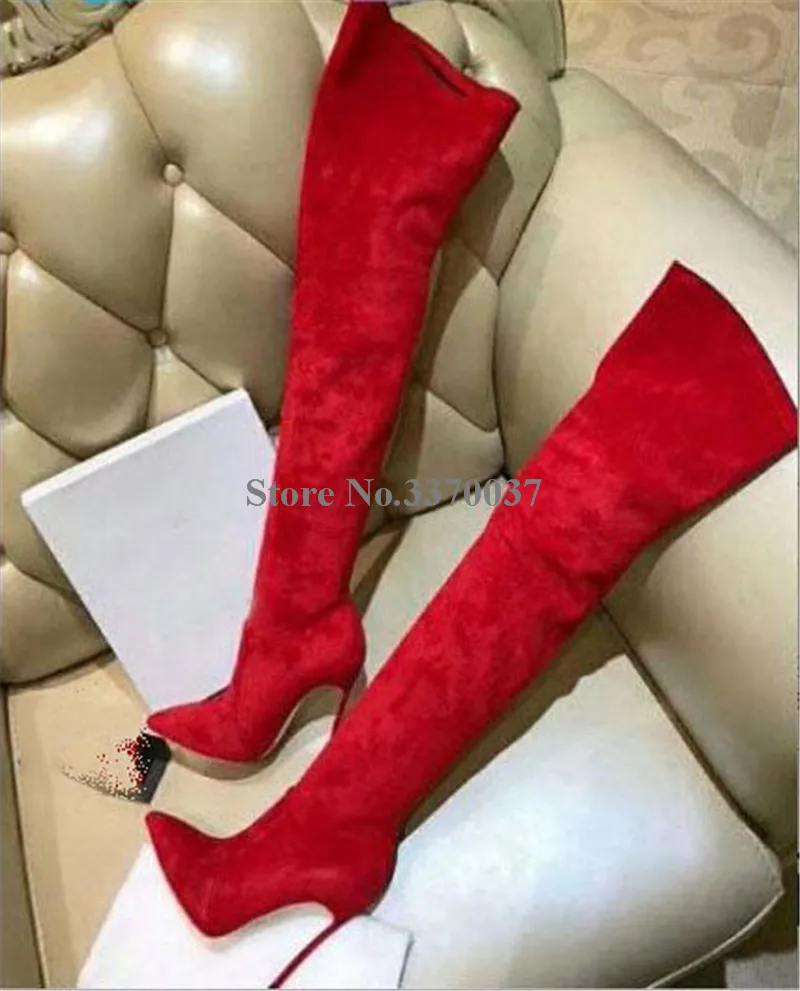 red heel Фирменный дизайн; Для женщин сексуальный острый носок из замши на высоком металлическом каблуке-шпильке Сапоги выше колен(ботфорты) Завязывающиеся платья облегающие длинные, с высоким каблуком; ботинки - Цвет: red heel