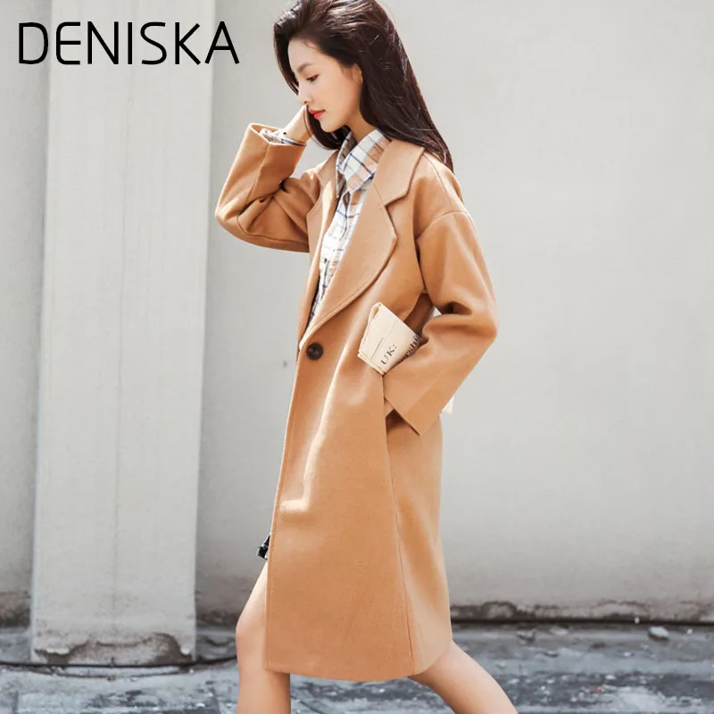 Дениска 2018 Новинка весны простой большой лацкане в длинные шерстяные куртки