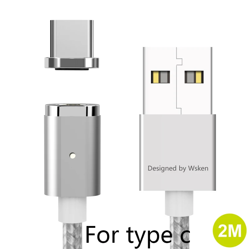 type c 2m silver WSKEN Mini 2 Магнитный зарядный Micro USB кабель usb type C Магнитный кабель для iPhone QC 2,0 быстрое зарядное устройство USB C кабель провод USB-C - Цвет: type c 2m silver