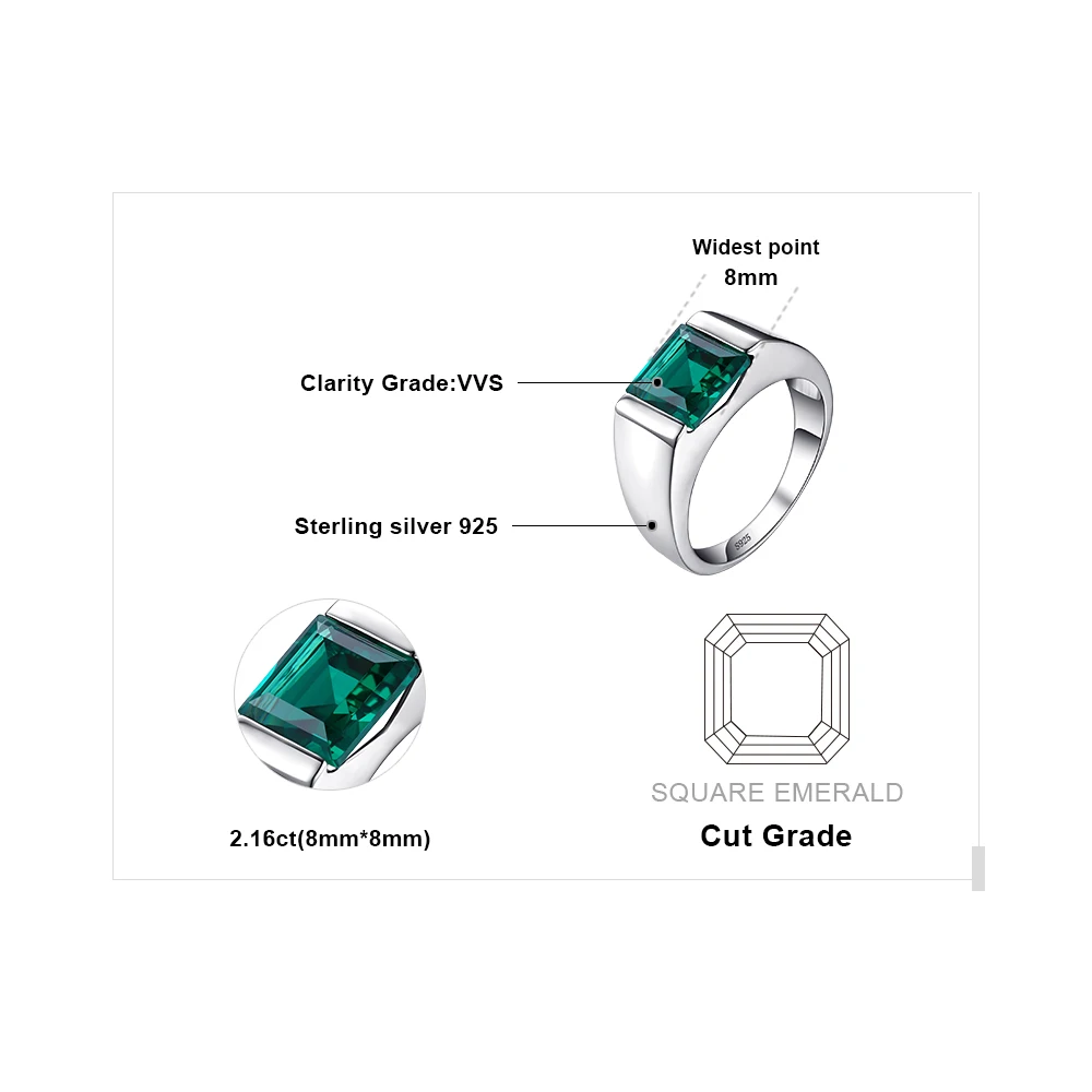 JewelryPalace Men's Charms 2.2ct Created Emerald Engagement Rings 100% Real 925 Sterling Sliver Square Cut Gemstone Fine Jewelry |