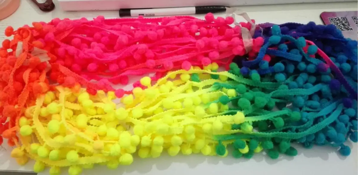 

60 yards Neon rainbow changing shifting color pom pom puff trim multicolored trim handcrafted fringe fabric lace sewing display