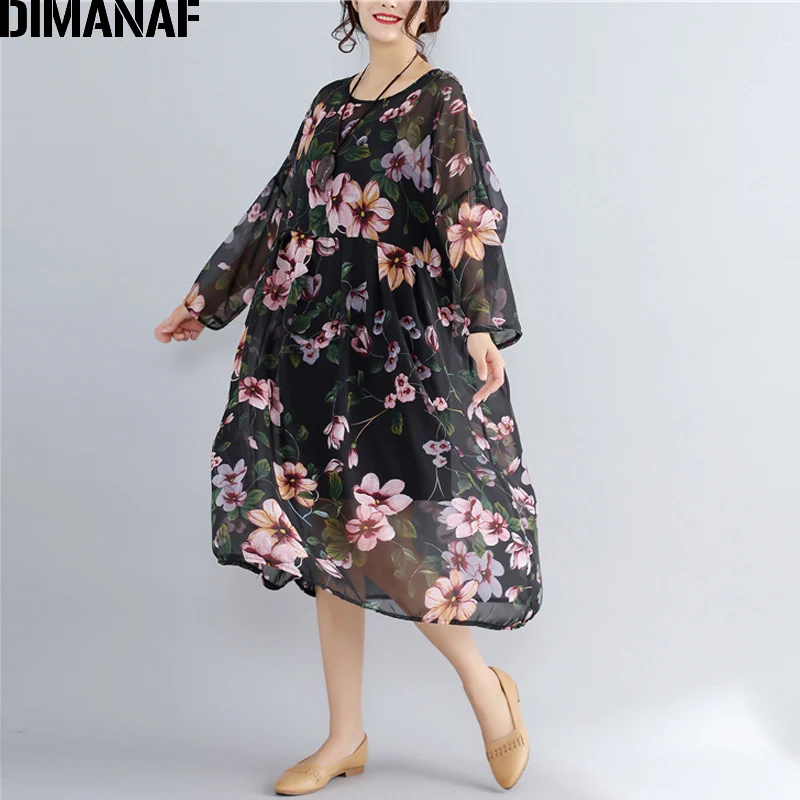 Женское шифоновое платье DIMANAF черное пляжное оверсайз с длинным рукавом и