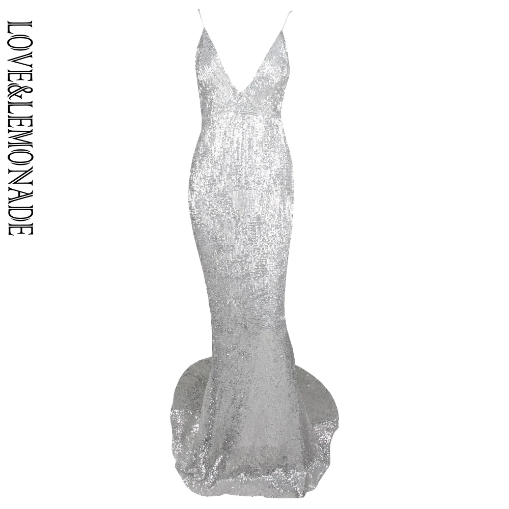 

LOVE&LEMONADE SilverElastic Sequin Exposed Back Long Dress LM80119