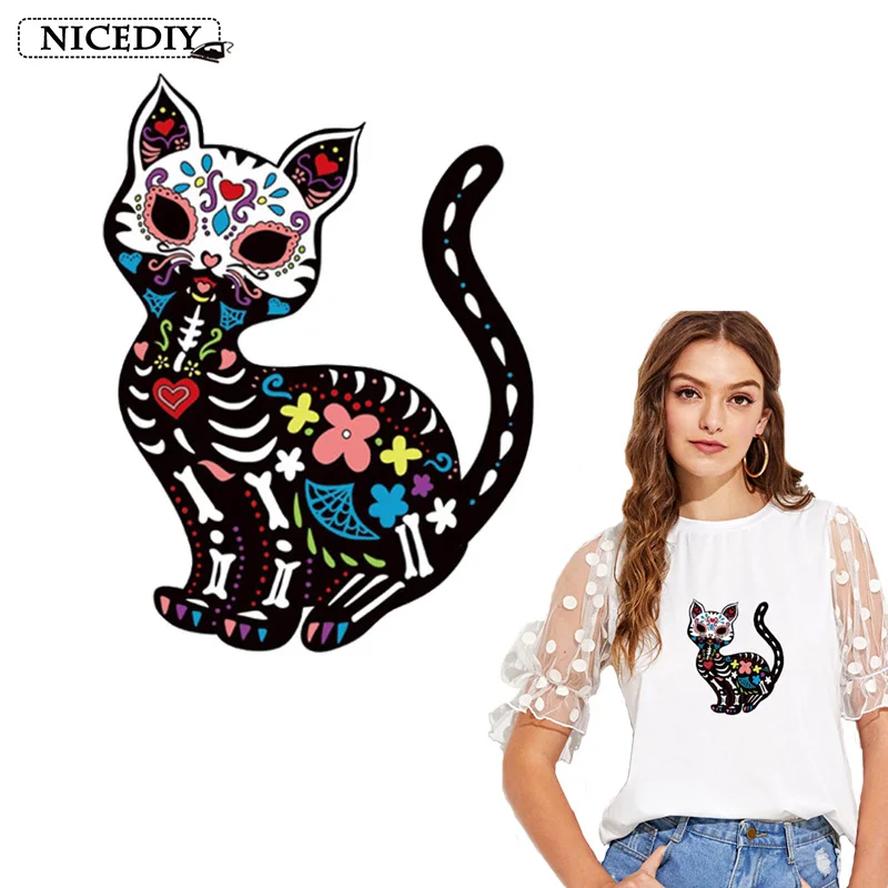 Nicediy Черный кот Железный На переноске для одежды панк теплопередача Череп патч