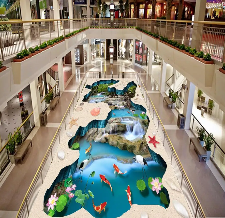 3d пол живопись обои водопад Лотос Карп 3D Пол ПВХ для ванных комнат|floor wallpaper|painting
