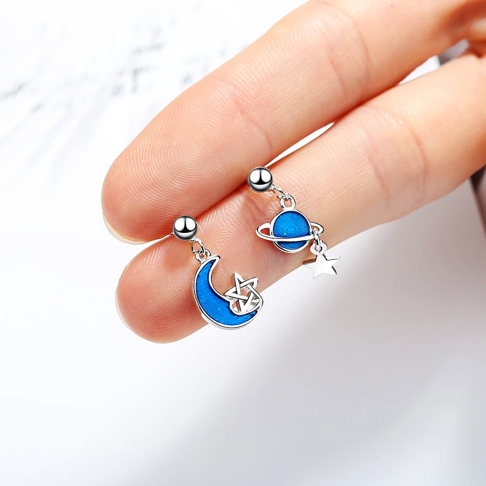 

ModaOne Korean Style Women 925 Sterling Silver Stud Earrings Fashion Jewelry For Girls Blue Planet Moon Star Pendientes Mujer
