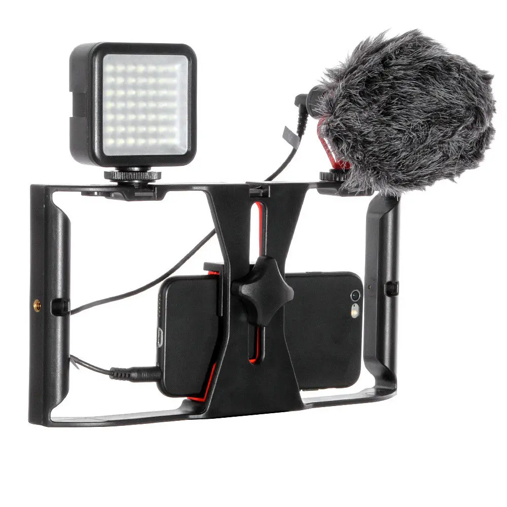 

Smartphone Video Rig Camera Cage Mount Holder Stabilizer Handle Grip + BOYA BY-MM1 Microphone Mic + 49 LED Light Kit for Filming