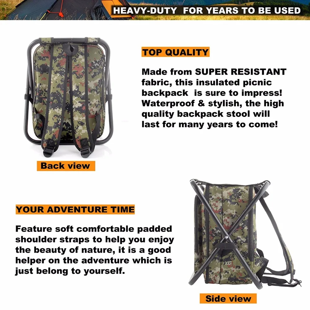 Heavy Duty Picnic Backpack Stool with Cooler &amp Tableware - All-in-1 Folding Chair Insulated Bag for 2 Person | Дом и сад