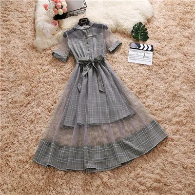 GREY Женское платье, женское платье, новинка, с коротким рукавом, в клетку, серое, офисное, повседневное, до колен, ТРАПЕЦИЕВИДНОЕ ПЛАТЬЕ, винтажная уличная одежда для женщин - Цвет: GREY