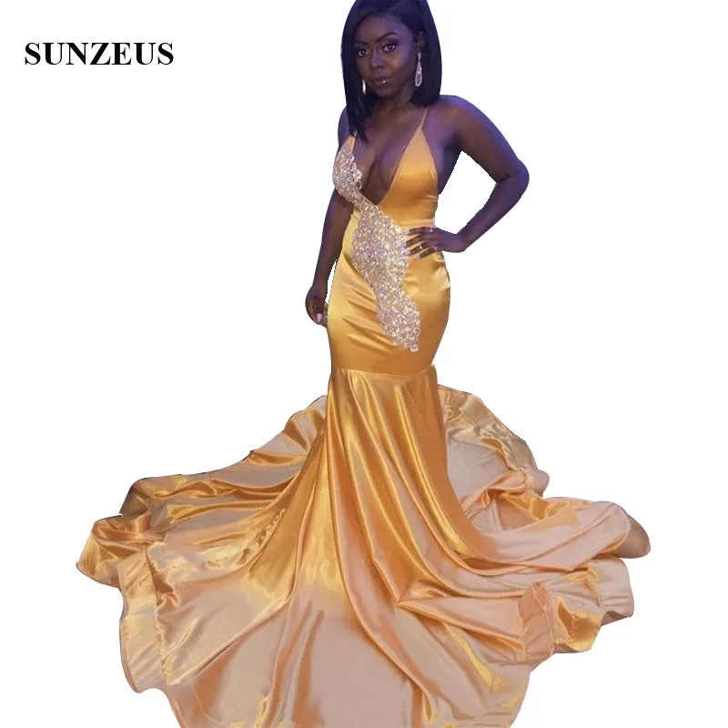 

Mermaid Gold Party Dress 2022 Spaghetti Straps Deep V-neck Sexy Prom Gowns Crystal Beaded African Women Long Dresses Court Train