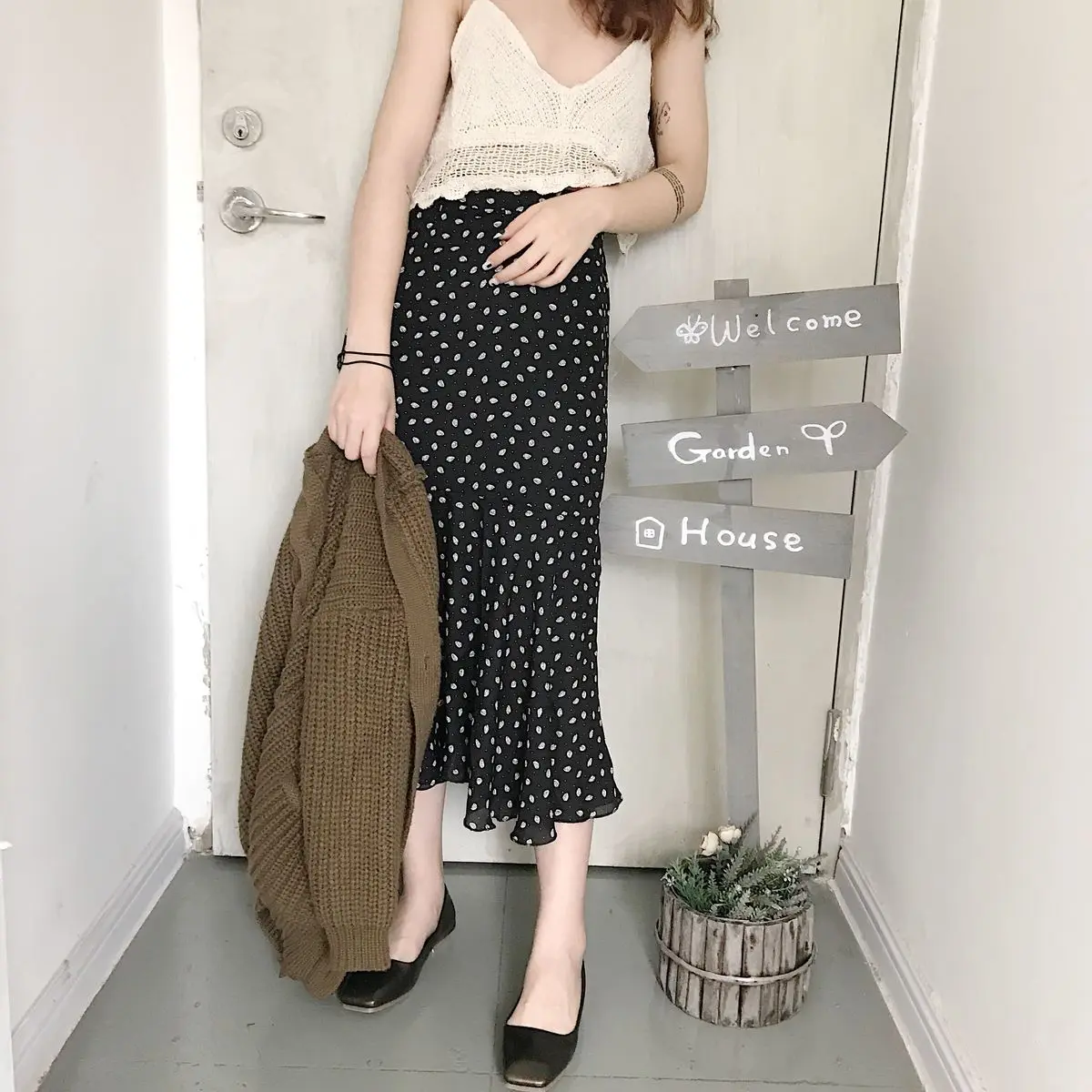 Горошек Шифона Юбка Mermaid Длинные Оборками Хем Slim Fit юбка Юп Longue Femme Saia Feminina Лунга