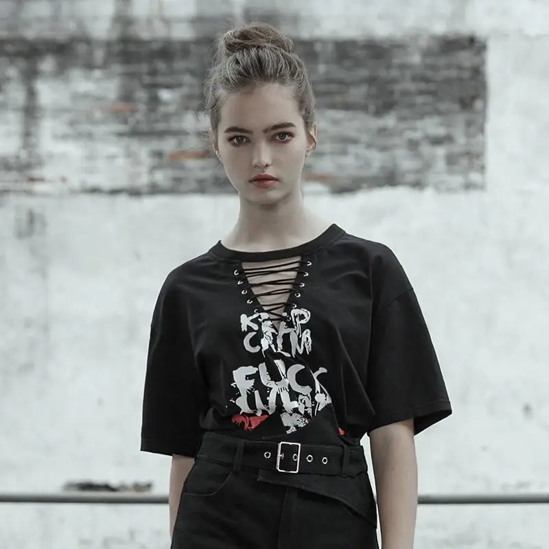 Женская готическая футболка в стиле панк с глубоким v образным вырезом и