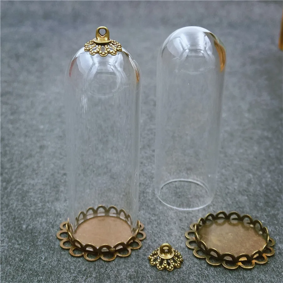 

5sets 50x18mm glass tube bronze base beads cap glass vial pendant bottle dome jewelry findings