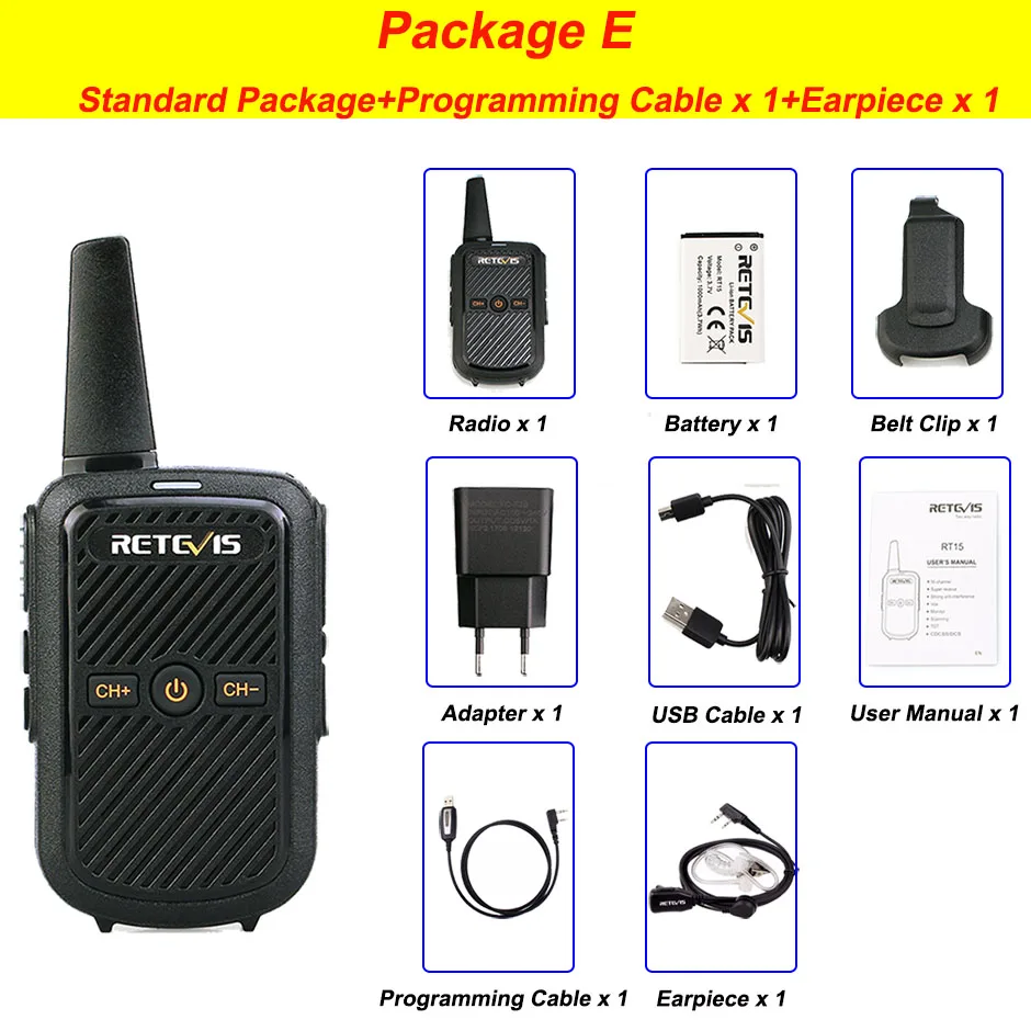 PackageE-CB-earpiece Retevis RT15 Мини Портативная рация 2 Вт UHF 400-470 МГц 16CH CTCSS/DCS TOT VOX сканирование двухстороннее радио коммуникатор - Цвет: PackageE-CB-earpiece