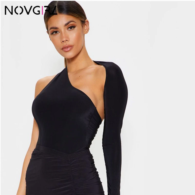 Боди женское облегающее на одно плечо с открытой спиной и длинным рукавом|Боди| |