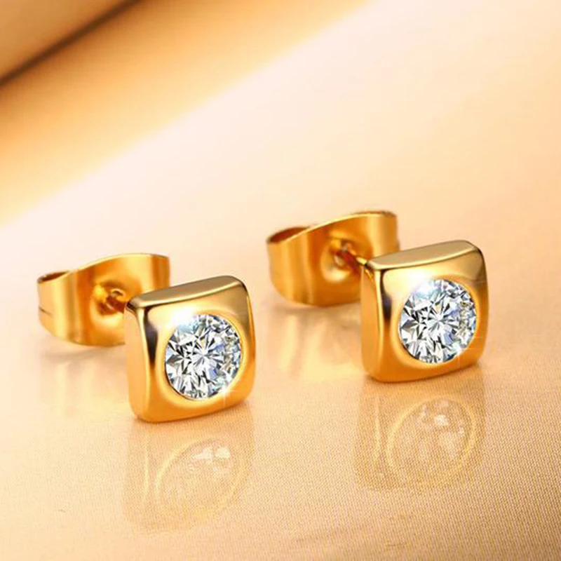 Shiny CZ Stone Stud Earrings for Women Wedding Gold-color Stainless Steel Geometric Party Gift Jewelry | Украшения и аксессуары