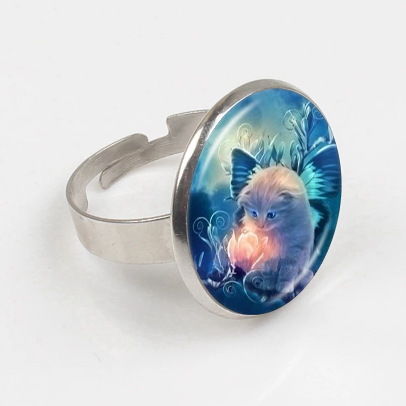 Cute Grey Fairy Cat Photo Ring Angel Wing Kitten Jewelry Animal Sweater Glass Dome Jewellery | Украшения и аксессуары