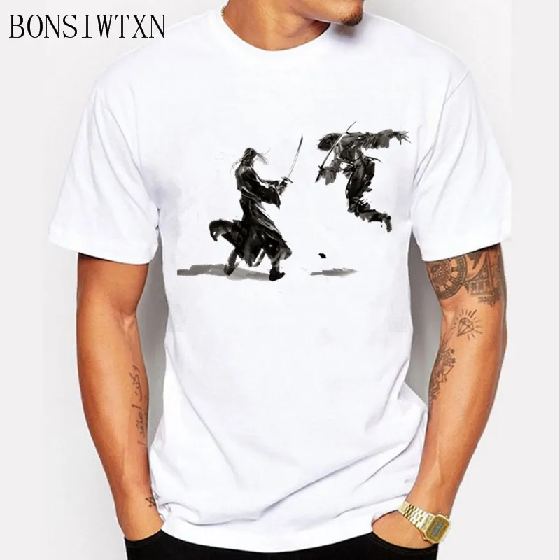 Мужские футболки Мода 2017 г. Летняя мужская одежда ниндзя с принтами аниме