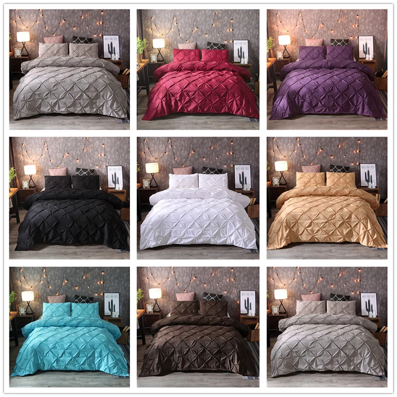 

New Home Textile King Size Bedding Sets Solid Color Luxury Silk Flower Craft Duvet Cover Pillow High Quality 2/3PCS Set