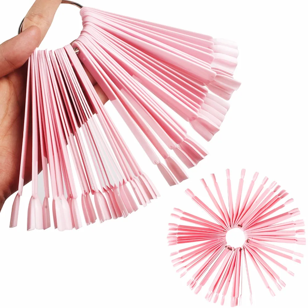 

YZWLE 50 Pcs Fan Shaped False Nail Tips Color Card Manicure Nail Art Practice Slice Board Pink Buckle Ring DIY Nail Display Tool