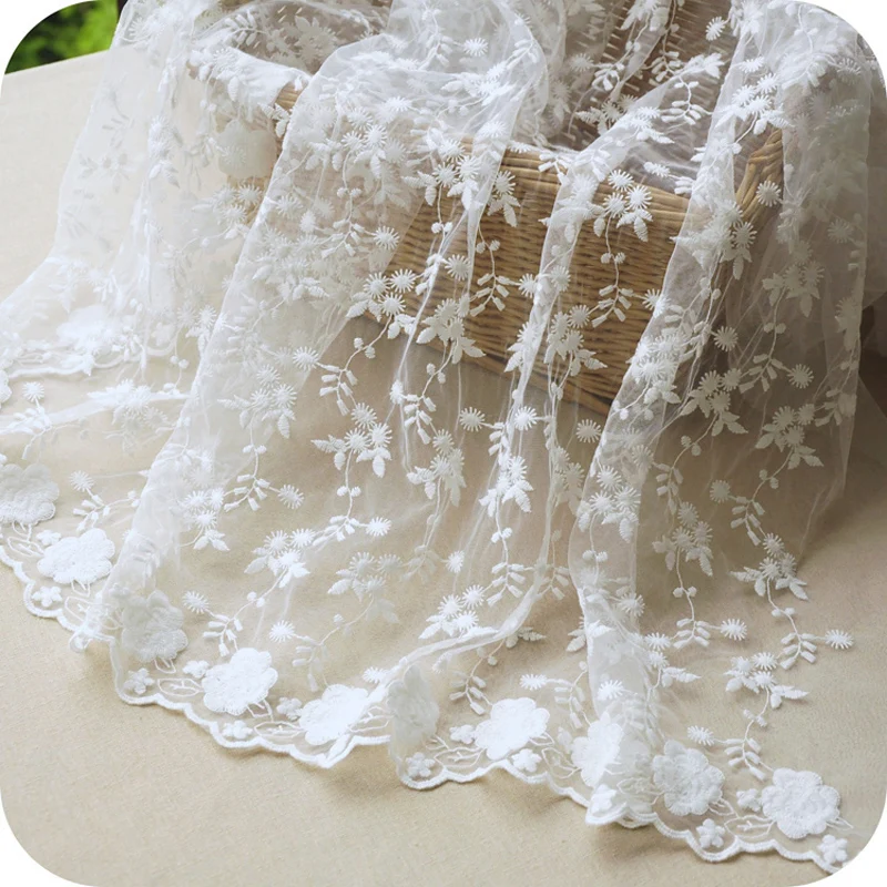 

White Mesh Cotton Flower Embroidery Lace Fabric Dress Skirt Wedding Party -ZZJ