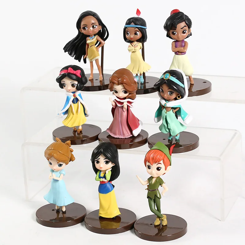 Q Posket персонаж принцесса Белоснежка Belle Mulan Pocahontas Тигровая Лилия Питер Пэн Аладдин ПВХ Фигурки игрушки 9 шт./компл