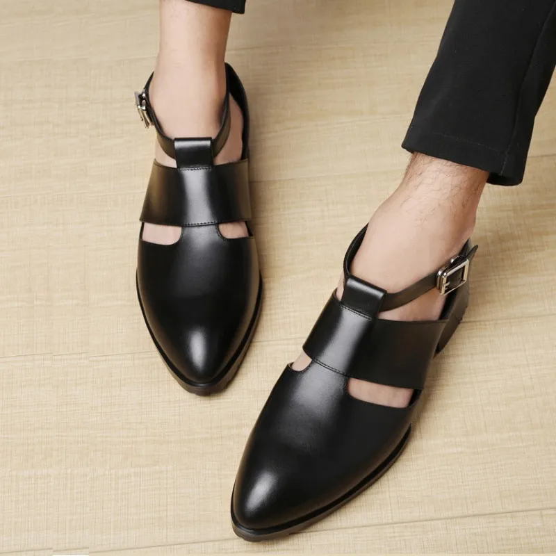 Fashion Mens Hollow Out Pointed Toe Sandals Buckle Genuine Leather Block Heels Shoes Men Rome Gladiator | Обувь