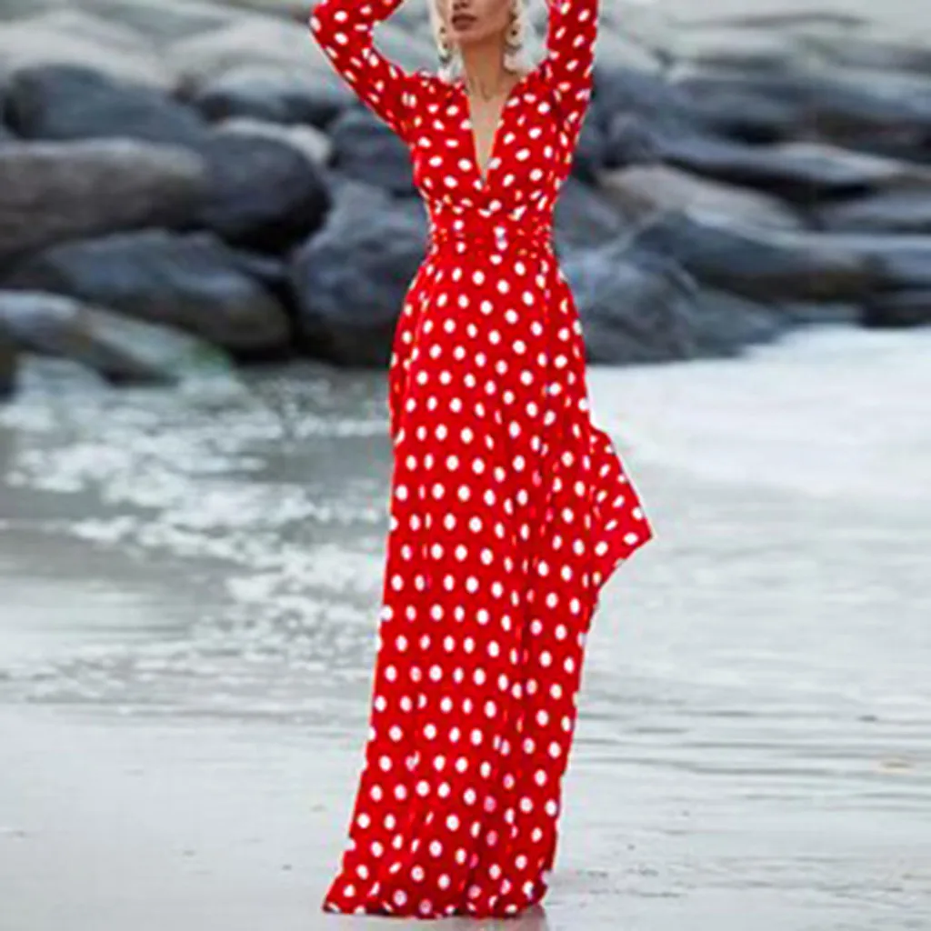 Женское платье в горошек длинное Пляжное Платье макси с v-образным вырезом летнее