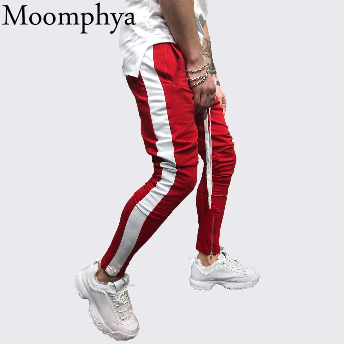 

Moomphya Stylish side striped men joggers pants Streetwear hip hop men sweatpants pantalon homme Slim pants men zipper trousers