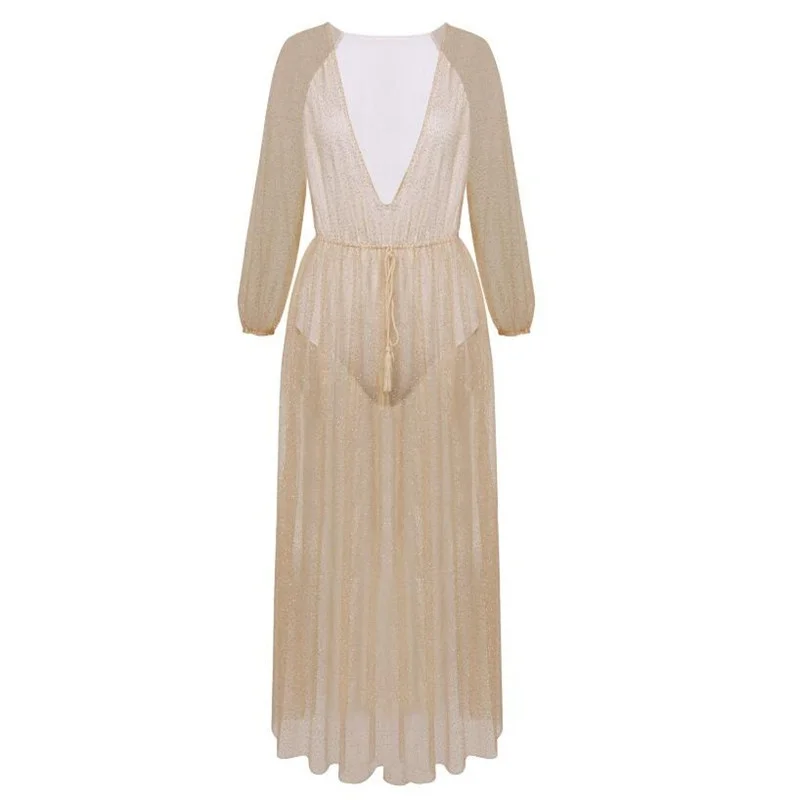 Блестящее платье с глубоким v образным вырезом и высокой талией блестящее