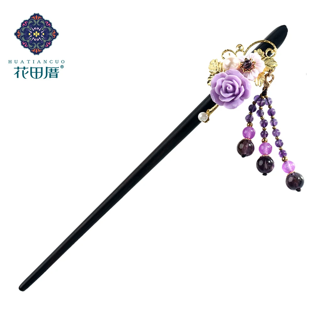 

Ethnic Tassel Handmade Woman Jewelry Hair Sticks Purple Resin Flower Black And Ebony White Shell Bead Alloy Leaves FZ-18017