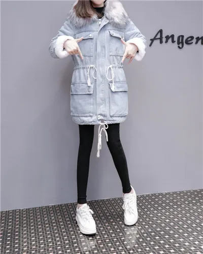 light blue gray fur MUMUZI, модное женское светло-голубое пальто с большим воротником из меха енота, парки, верхняя одежда с меховой подкладкой, зимние куртки, парки - Цвет: light blue gray fur