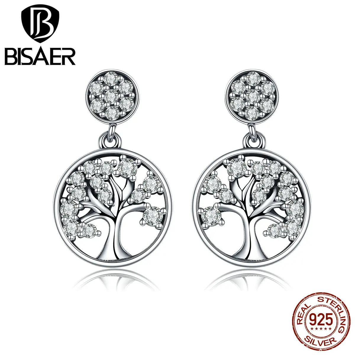 BISAER, настоящее 925 пробы, серебряные Семейные Древо жизни, чёткие CZ Висячие серьги для женщин, висячие серьги, ювелирные изделия, Brincos ECE067