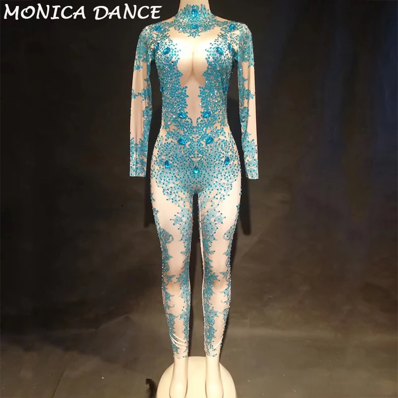Women Sexy Stage Big Diamonds Jumpsuit Blue Sprakling Crystals Bodysuit Nightclub Dancer Costumes for Singer Bling Stage Wear