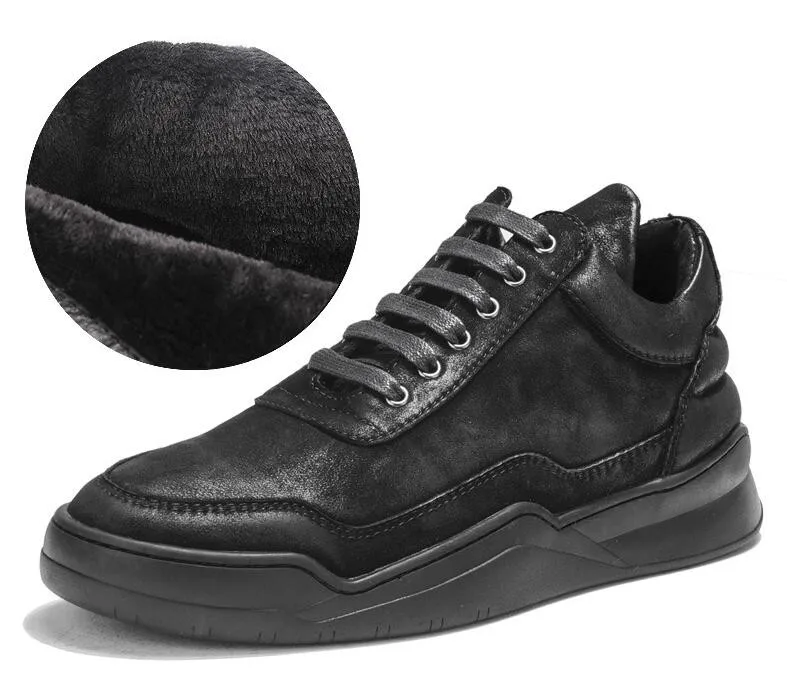 black fleece lining Итальянская дизайнерская обувь в стиле ретро из натуральной коровьей кожи; модные мужские кроссовки с высоким берцем; повседневные кроссовки на толстой платформе со шнуровкой; zapatos hombre - Цвет: black fleece lining