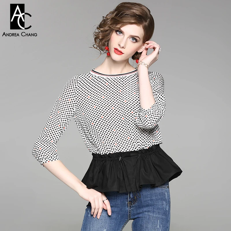 Весна-осень женщина блузка рубашка шнурок талии черный ruffled bottom лопаты dot pattern