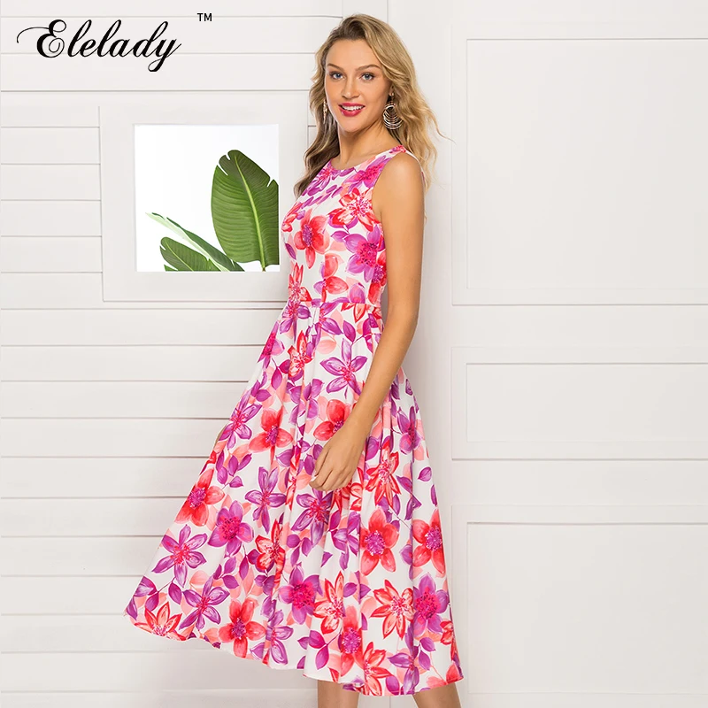 Southpire Women Sleeveless Midi Dress 2020 Spring Summer Fashion Floral Printed A line Elegant Casual Dress| |