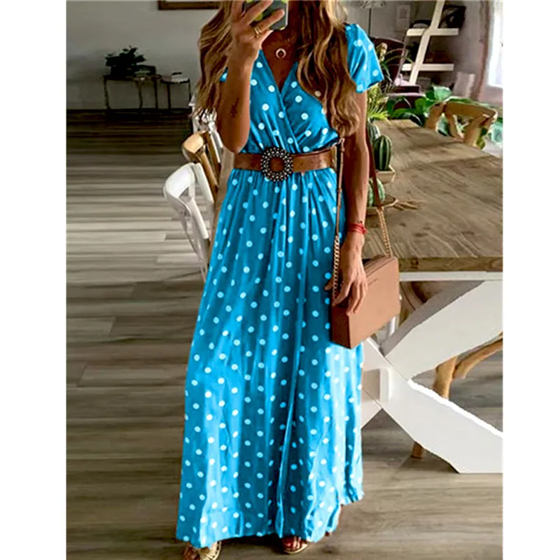 Summer Poka Dot Boho Loose Maxi Dress Robe Short Sleeve Women Party Beach Casual Sundress Vestidos Plus Size S-2xl | Женская одежда