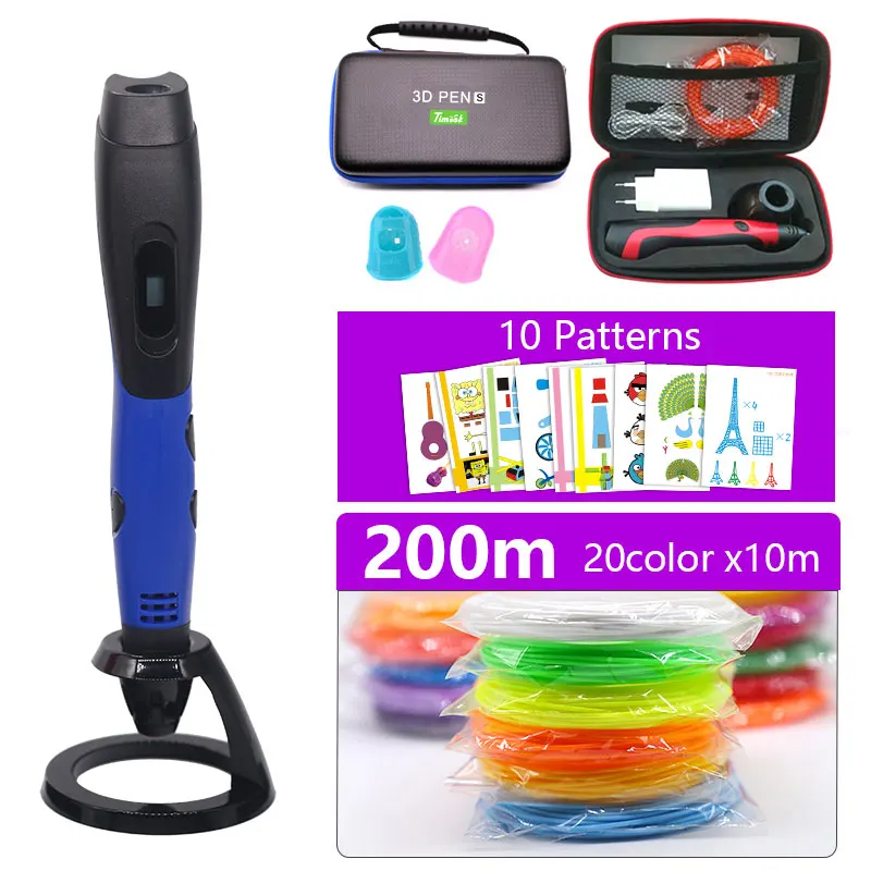 Blue pen and 200m 3D ручка с 200 нити Дети diy Рисунок пером 3D, литье, 5V 2A usb адаптер переменного тока, oled дисплей креативные образования, можете использовать paower банка - Цвет: Blue pen and 200m
