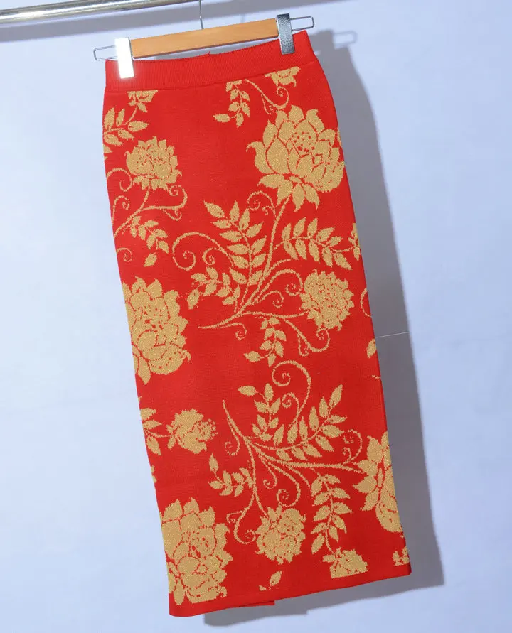 Вышивка Цветок Долго Юбка Карандаш Зима Черный Синий Красный Макси Высокой